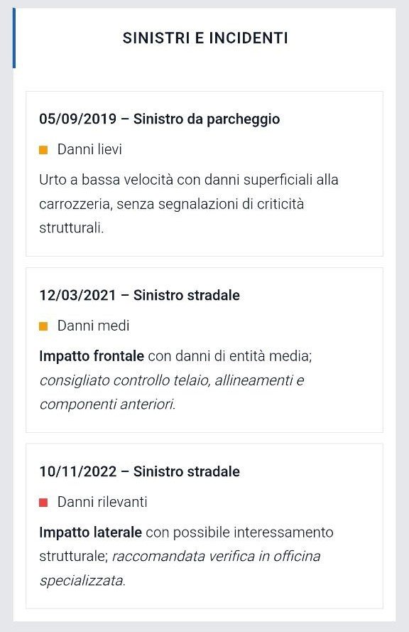 Anteprima report TargaCheck – Sinistri e incidenti