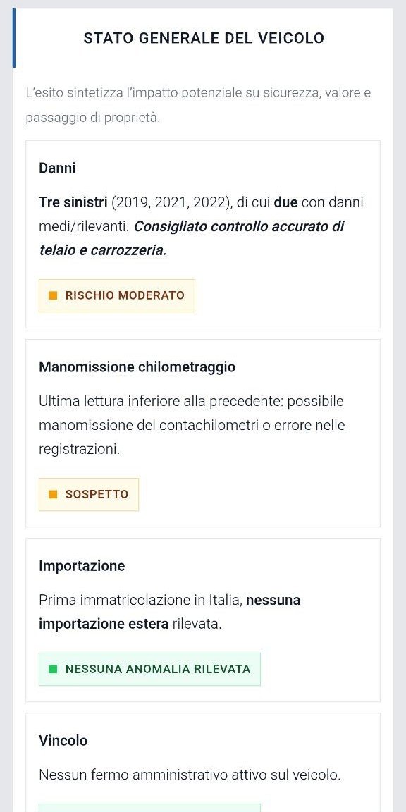 Anteprima report TargaCheck – Stato generale del veicolo